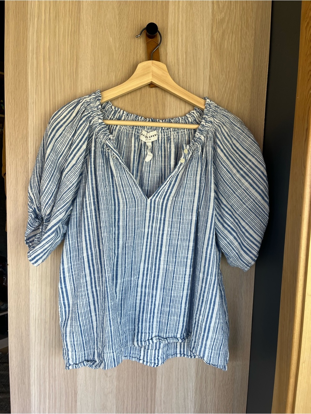 Apiece Apart Blue and White Striped Peasant Blouse